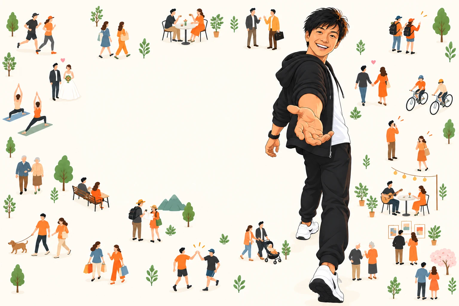 たくさんの人が交流する輪を背景に、廣井さんのキャラクターが笑顔でこちらに手を差し伸べているイラスト